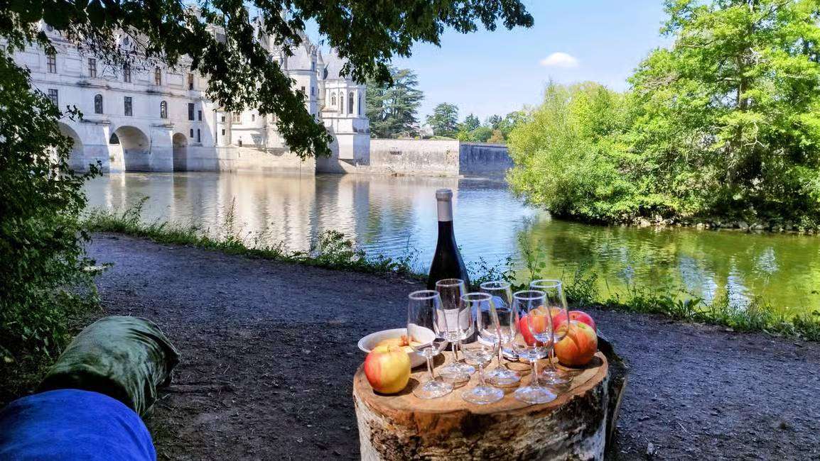 food and wine pic nic facing chateau de Chenonceau