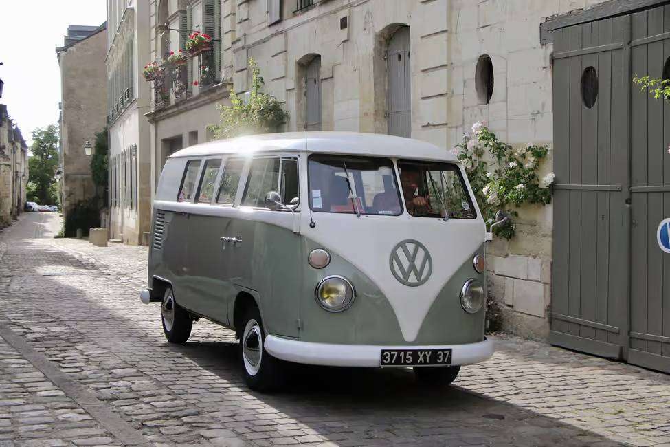 VW combi vintage car in old historical streets of Chinon