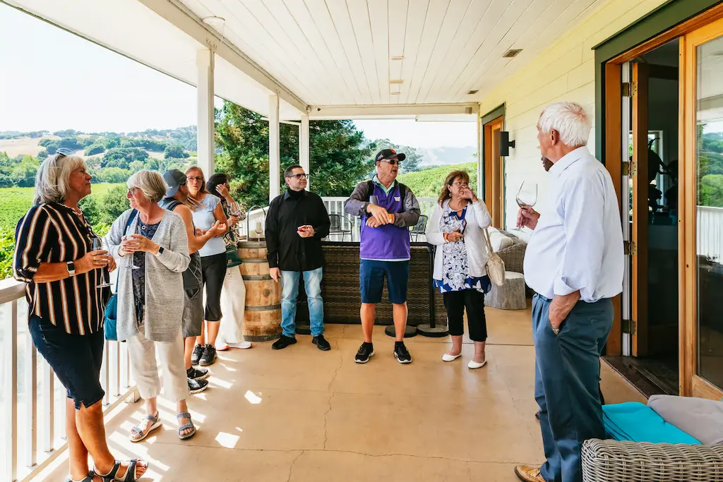 Wine tasters group being welcomed in a winery of Sonoma, on a wine tour with a lunch at Sonoma square