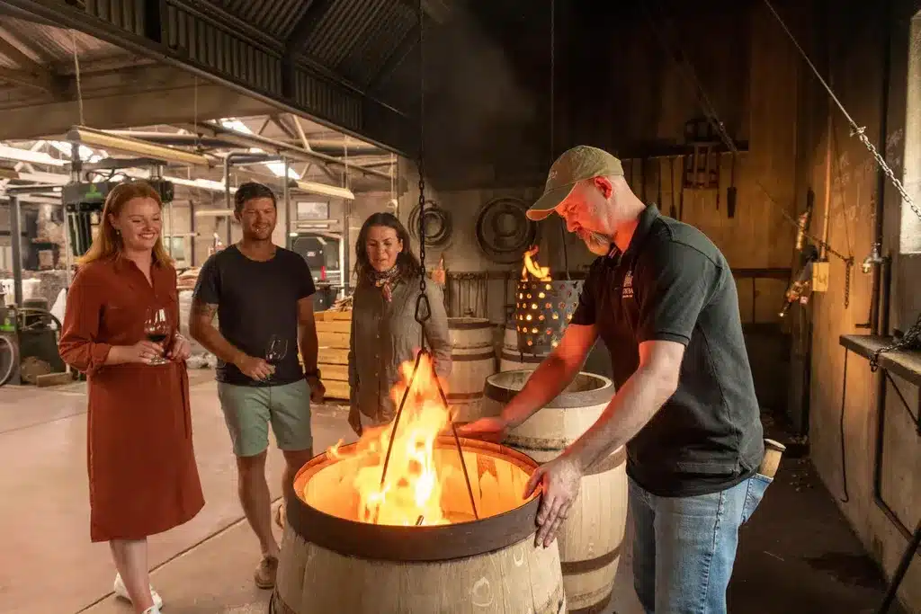 Showing oak barrel process and cooperage at Yalumba winery, Barossa valley, Australia